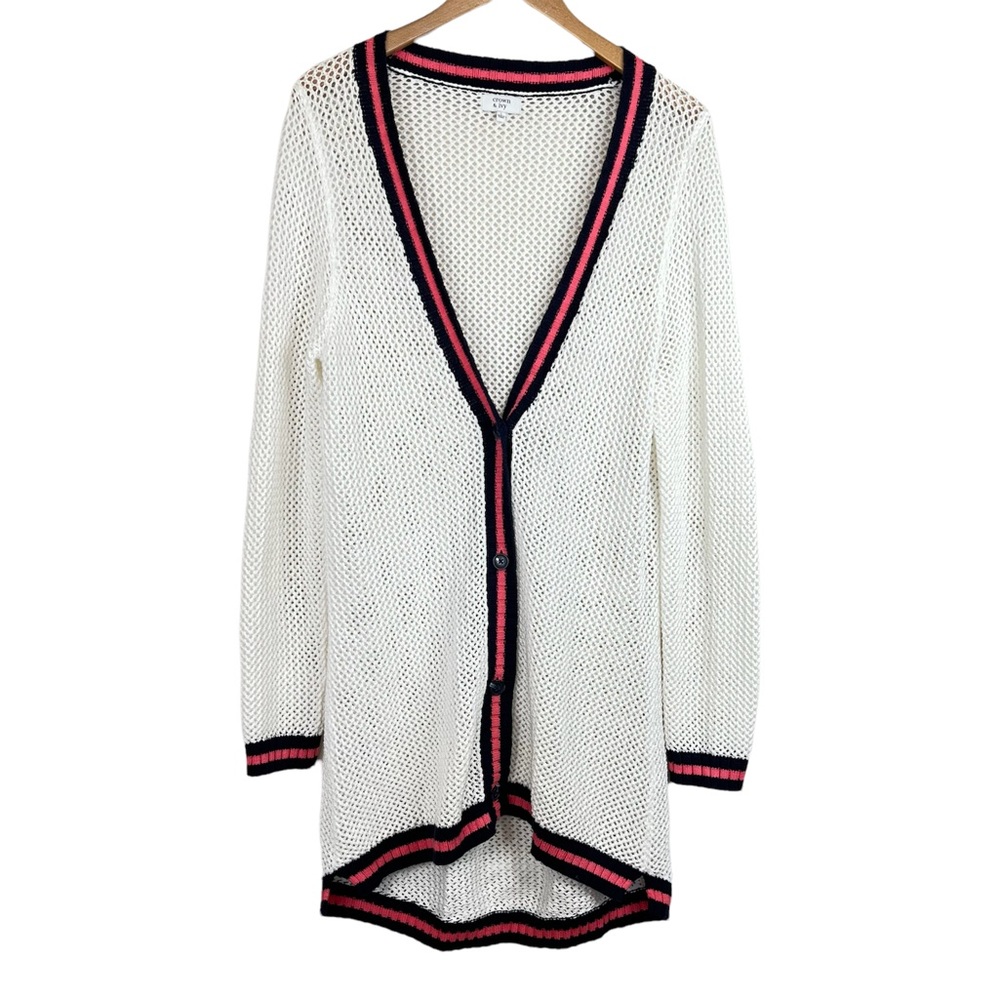 Crown & Ivy white open crochet knit long line V neck button down cardigan